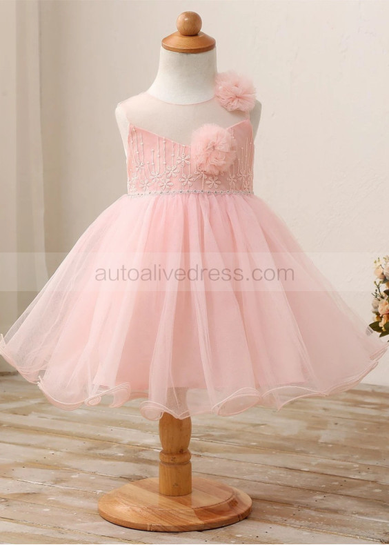 Sleeveless Lace Tulle Curly Hem Beaded Flower Girl Dress